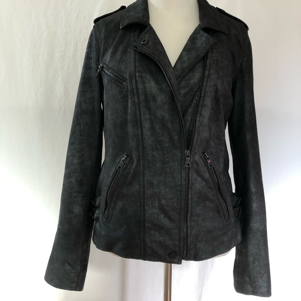 REBECCA TAYLOR Leather Zip-Front Moto Biker Jacket, Metallic Gunmetal, 6